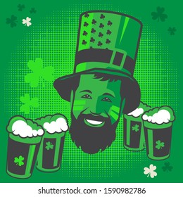 St. Patricks Day greeting card template. St. Patricks Day green background, vector illustration