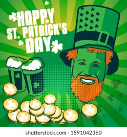 St. Patricks Day greeting card template. St. Patricks Day green background, vector illustration