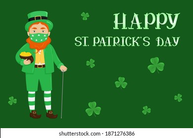 St. Patrick's Day greeting card. Leprechaun in mask hold pot of gold. Vector illustration.