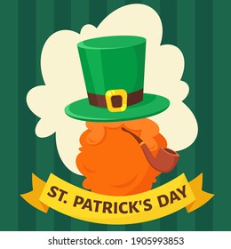 St. Patrick's Day greeting card. Hat, red beard, smoking pipe. Vector illustration.