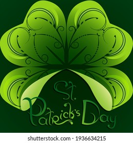 St. Patrick's Day greeting card or background with clover leaf and cute hand drawn lettering on dark green backdrop. Vector holiday illustration. Square poster design 