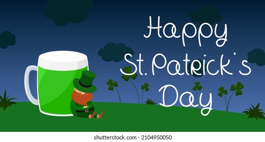 St. Patrick's Day greeting card. Leprechaun and green beer. Vector illustration.