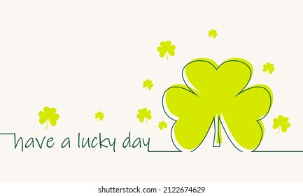 St. Patricks Day greeting card template. Shamrock thin line style silhouette with text