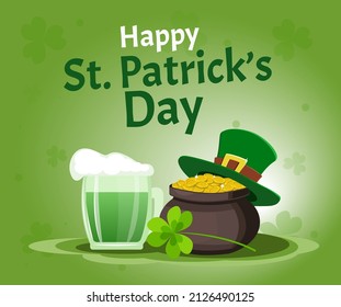 Tarjeta de saludo del Día de San Patricio, cartel, plantilla de volante. Sombrero de Leprechaun, vaso de bebida verde, hoja de trébol y olla de oro.