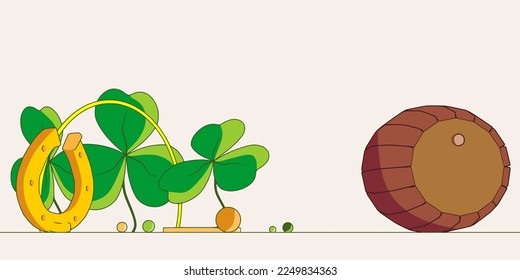 St. Patricks Day greeting card template. Shamrock leafs, beer barrel and golden horseshoe.