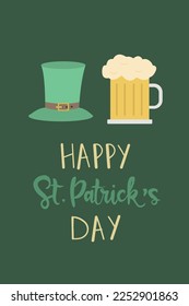 St. Patricks day greeting card. Celebration lettering with leprechaun hat and beer.