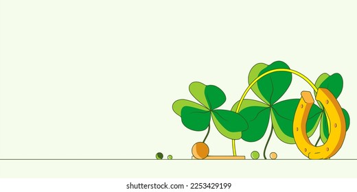 St. Patricks Day greeting card template. Shamrock leafs and golden horseshoe.