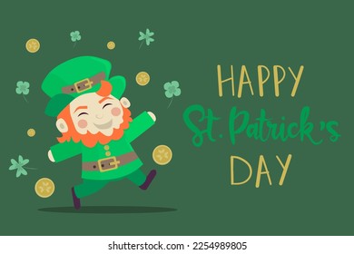 St. Patricks day greeting card. Celebration lettering with leprechaun, rainbow, lucky coins.