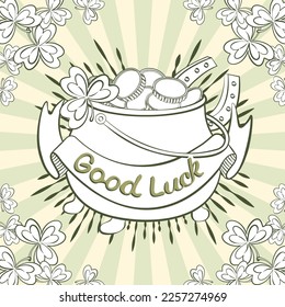 st patricks day greeting card barrel with coins and good luck lettering