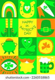 St Patrick's Day greeting card. Bright trippy style. Fun Irish holiday celebration. Great for poster, invitation, print, t-shirts, background, festive decor. Trendy y2k retro hippie print. Flat vector