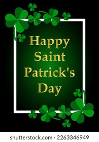 St. Patrick's Day greeting card with rectangular white frame and clover leaf. Vector illustration
