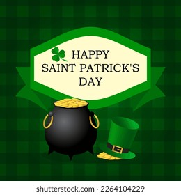 St. Patrick's Day greeting card. Cauldron with gold coins, leprechaun hat on green checkered background. Vector illustration