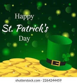 Tarjeta de saludo del Día de San Patricio con monedas de oro, sombrero de leprechaun verde y shamrock en un fondo brillante. Ilustración del vector