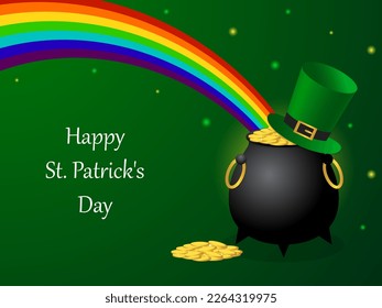 St. Patrick's Day greeting card. A cauldron of gold coins, a leprechaun's hat and a rainbow. Vector illustration