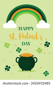 St. Patrick's Day greeting card with clover shapes, horseshoe, green rainbow and pot of gold coins.