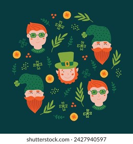 St. Patrick's Day greeting card with man, leprechaun, leaves, coins on dark green background. Circle ornament. Perfect for seasonal holidays and decorations. Vector illustration
