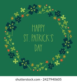 St. Patrick's Day greeting card with shamrocks, stars, leaves on green background. Perfect for seasonal holidays and decorations. Hand drawn frame, wreath