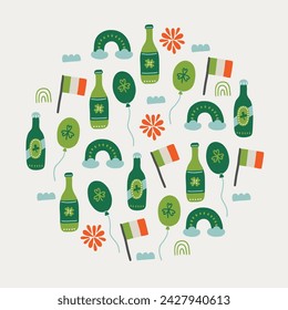 St. Patrick's Day greeting card with firework, beer bottles, rainbow, balloon, clouds on white background. Circle ornament. Perfect for seasonal holidays and decorations. Vector illustration