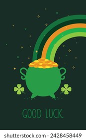 St. Patrick's Day greeting card with pot full of gold at the end of a rainbow.