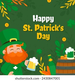 St. Patrick's Day greeting card with leprechaun, beer and leaves. Vector illustration.