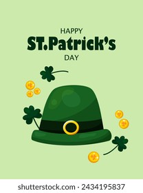 St. Patrick's Day greeting card on March 17th with coins, shamrocks and green Irish elf cap on green background. Happy St. Patrick's Day.