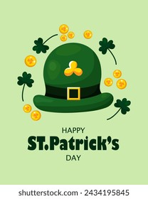 St. Patrick's Day greeting card on March 17th with coins, shamrocks and green Irish elf cap on green background. Happy St. Patrick's Day.