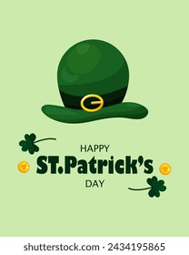 St. Patrick's Day greeting card on March 17th with coins, shamrocks and green Irish elf cap on green background. Happy St. Patrick's Day.