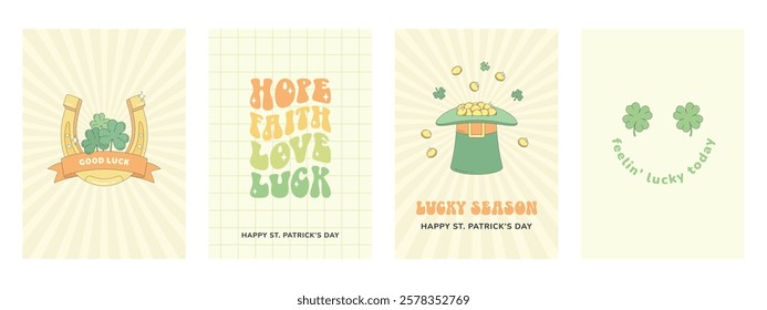 St Patrick's Day greeting card, poster. Horseshoe for luck, leprechaun hat full of gold coins, clover, good luck wishes. Retro cartoon style.