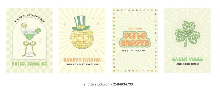 St. Patrick's Day greeting card, poster, party invitation. Groovy disco retro style. Green cocktail with disco ball drink stirrer, leprechaun hat on gold mirror disco ball, sparkling disco clover.