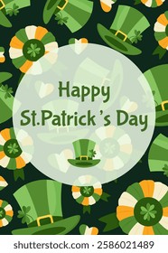 St. Patrick's Day greeting card. Lepricon hats and award rosettes on green background. Vector.