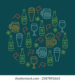 St. Patrick's Day greeting card with flags, beer bottles and glass, clover, quatrefoil on dark green background. Circle ornament. Perfect for seasonal holidays. Vector outline illustration