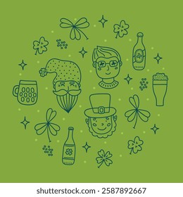 St. Patrick's Day greeting card with leprechaun, man, beer bottle, stars, clover on green background. Circle ornament. Perfect for seasonal holidays and decorations. Vector outline illustration