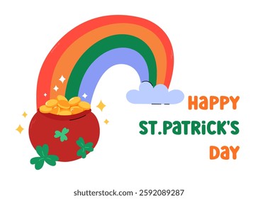 St. Patricks Day greeting card, vector illustration. Cute Leprechauns pot of gold and colorful rainbow. Happy Saint Patrick Day March 17 horizontal card, poster.