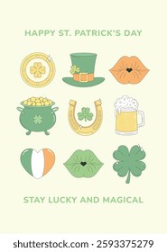 St. Patrick's Day greeting card, poster with holiday symbols. Leprechaun hat, pot of gold, horseshoe for luck, clover, beer, gold coin, heart in the colors of the flag of Ireland.