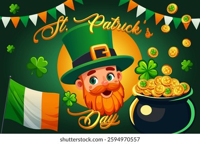 St. Patrick's Day greeting card, banner, poster, cover. Saint Patrick's Day vector shamrock, leprechaun gold and clover leaves, flag of Ireland, golden coins and treasure cauldron. Irish traditional