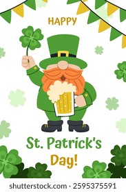 St. Patrick's Day greeting card. Cute leprechaun with a four-leaf clover and a mug of beer in his hand. Greeting card or party invitation. White background.