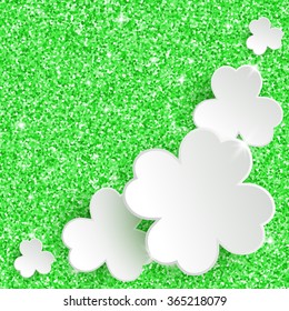 St. Patrick`s day Greeting Card, holiday glitter dust sparkle green background with white paper clover flowers, vector illustration with place for text