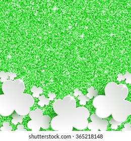 St. Patrick`s day Greeting Card, holiday glitter dust sparkle green background with white paper clover flowers, vector illustration with place for text