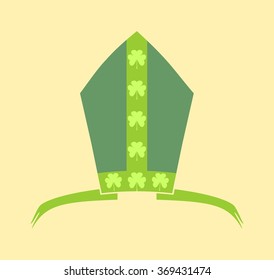 St. Patrick's Day greeting card template. Bishop mitre with shamrock. Vector illustration