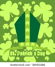 St. Patrick's Day greeting card template. Bishop mitre with shamrock. Vector illustration