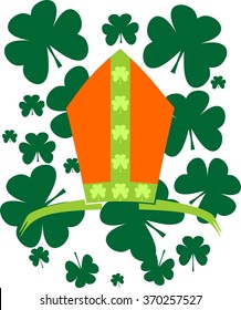 St. Patrick's Day greeting card template. Bishop hat with shamrock. Vector illustration