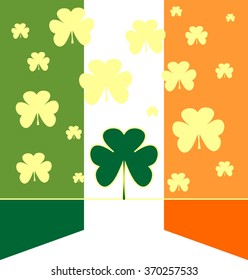 St. Patrick's Day greeting card template. Shamrock backdrop and Ireland national flag. Vector illustration