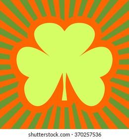 St. Patrick's Day greeting card template. Shamrock on sun burst backdrop. Vector illustration