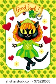 St. Patrick's  day greeting card  with dancing black cat. Irish dancer. Vector clip art.