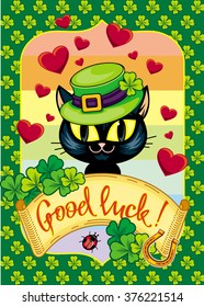St. Patrick's  Day greeting card  with black cat in green hat