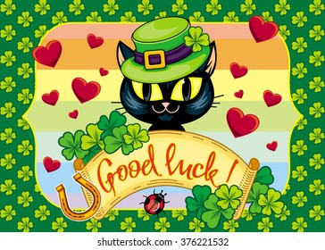 St. Patrick's  Day greeting card  with black cat in green hat