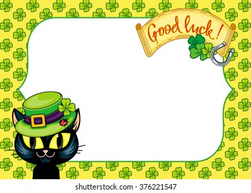 St. Patrick's  Day greeting card  with black cat in green hat