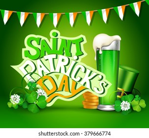 St. Patrick's Day greeting card with clover, flags, green hat, beer and gold icons.