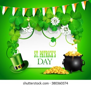 St. Patrick's day greeting card with clover, pot of gold and green hat.