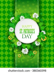 St. Patrick's day greeting card with clover and gold icons.